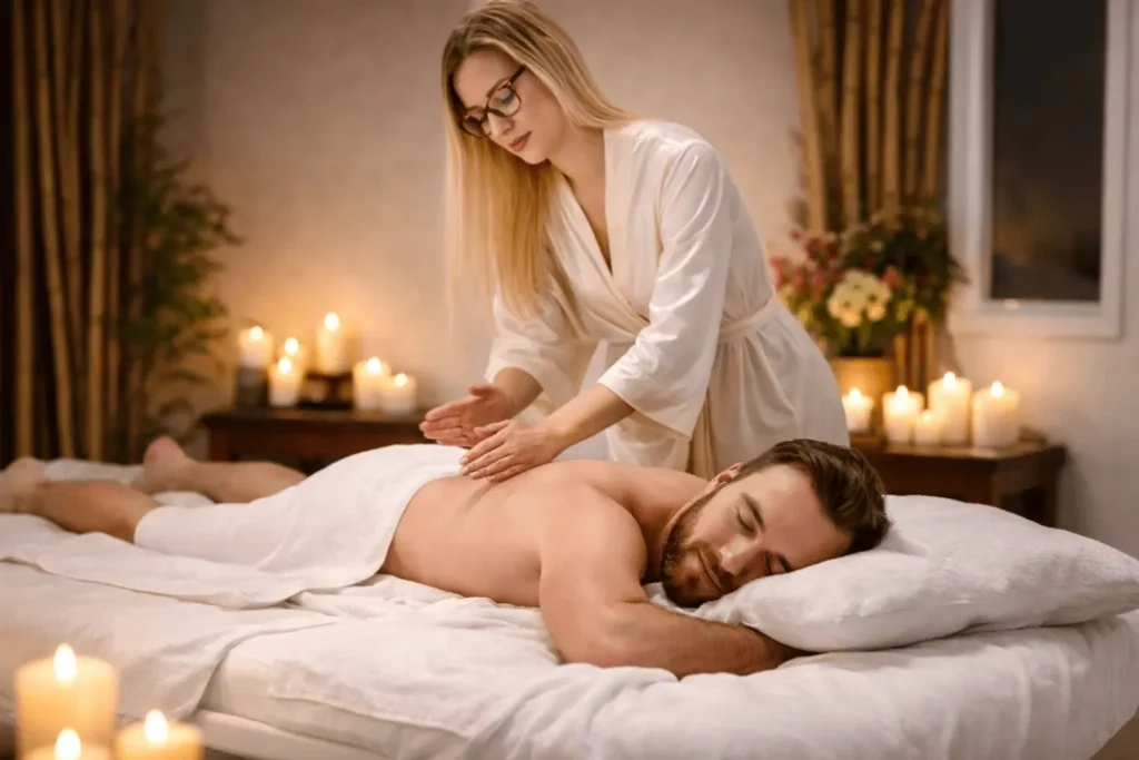 Calm, softly lit treatment room with fresh towels at Oxana Spa in Aerocity